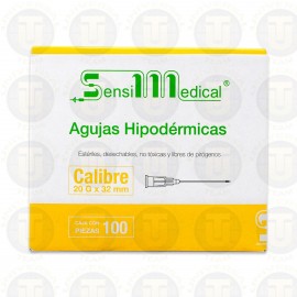 AGUJAS HIPODERMICAS ESTERIL DESECHABLE NO TEOXICA  Y LIBRE DE PIROGENOS  CALIBRE 20G X 32 MM CONT 100 PZAS