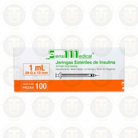 JERINGA DE PLASTICO PARA INSULINA HIPODERMICA, DESECHABLE , NO TOXICA Y LIBRE DE PIROGENOS  1ML 29G X 13 MM CONT 100 PZAS