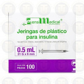 JERINGA DE PLASTICO PARA INSULINA 0.5ML 31G X 6 MM CONT 100 PZAS